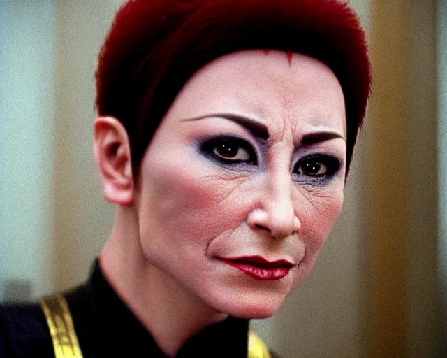 Image similar to bajoran kira nerys from star trek, three quarter shot, medium close - up, f 1. 4, 3 5 mm