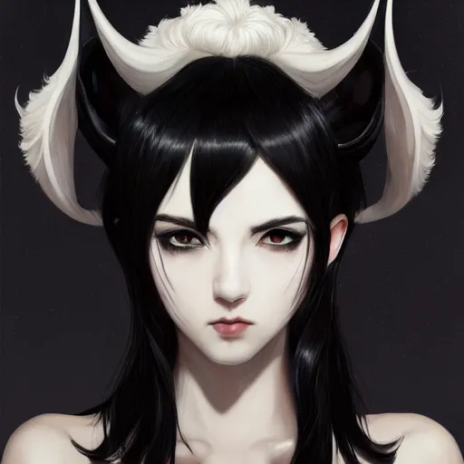 Prompt: woman with black hair and white horns, very high intricate details, painting, digital anime art, medium shot, mid - shot, reflections, wlop, ilya kuvshinov, artgerm, krenz cushart, greg rutkowski, sana takeda