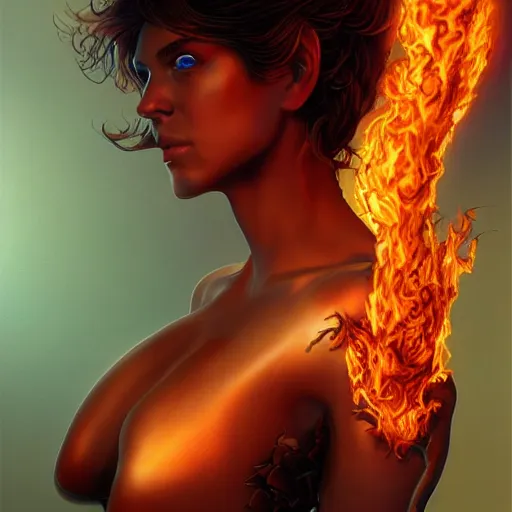 Image similar to A stunning portrait of a goddess, her body engulfed in flames, by Jim Burns, 8K UHD, intricate, fantasy, Trending on artstation.