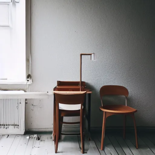 Prompt: a room with a chair, a table, and a speaker, unsplash, postminimalism, aesthetic, cluttered