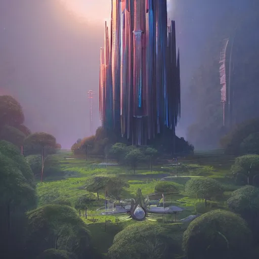 Image similar to futuristic temple tower between green hills with big trees, multiple planets, dramatic lighting, artstation, matte painting, raphael lacoste, simon stalenhag, frank lloyd wright