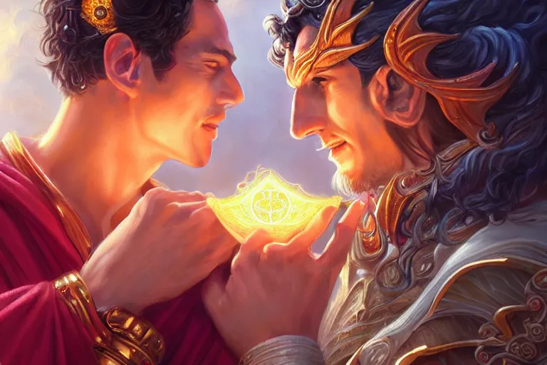 Image similar to close up moment of a divine a sun god and a moon goddess lovers magician at a wedding banquet, highly detailed, d & d, fantasy, highly detailed, digital painting, trending on artstation, concept art, sharp focus, illustration, art by artgerm and daniel gerhartz and magali villeneuve