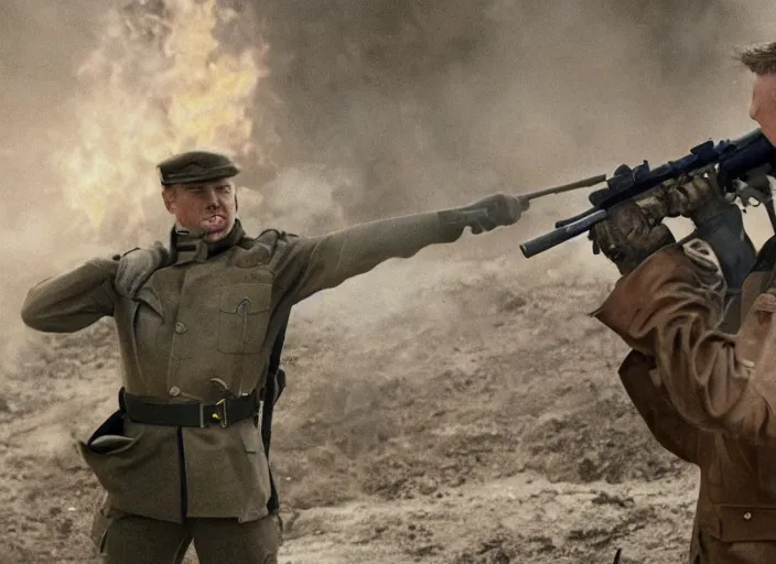 Image similar to a film still of kim kardashian as a soldier firing a rifle over a dirty trench with her bust lightly exposed. backround : warfield
