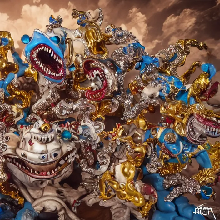 Prompt: jeff koons hip hop style street sharks wearing grillz and a ton of bussdown iced gold bling, ultra realistic, concept art, intricate details, serious, highly detailed, photorealistic, octane render, 8 k, unreal engine, art by todd mcfarlane and artgerm and greg rutkowski and alphonse mucha