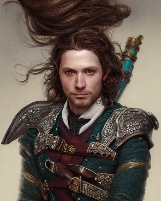 Image similar to white male rogue bard portrait, highly detailed, very intricate, cinematic lighting, closeup painted portrait, by donato giancola and rossdraws and magali villenueve, featured on artstation