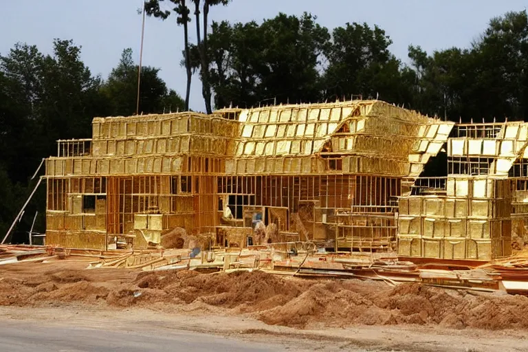 Image similar to a house, under construction, made of dollars, with piles of gold around it