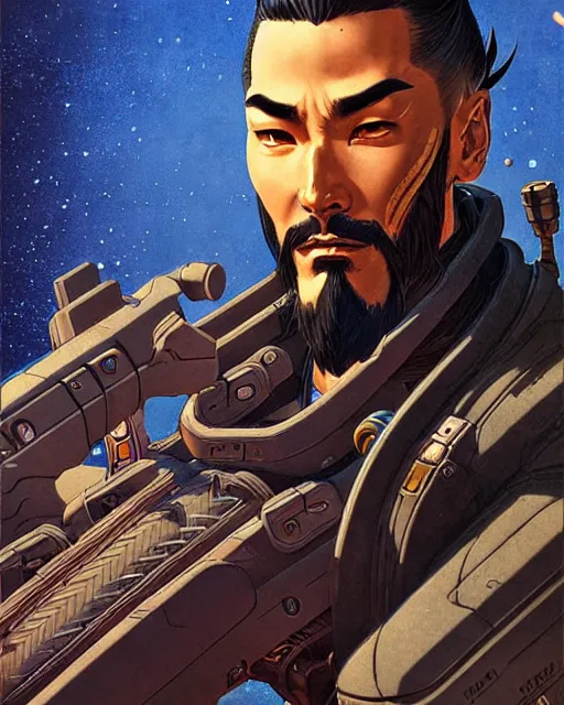 Image similar to hanzo from overwatch, character portrait, portrait, close up, concept art, intricate details, highly detailed, vintage sci - fi poster, retro future, vintage sci - fi art, in the style of chris foss, rodger dean, moebius, michael whelan, katsuhiro otomo, and gustave dore