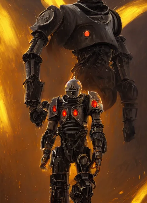 Image similar to full body, dynamic attack position abstract portrait of a intricate glorious holy mechanical warforged character in yellow armor holding a paladin engraved great longsword drawn and carrying a big paladin shield, glowing red eye, face in focus, pit droid, epic , trending on ArtStation, masterpiece, cinematic lighting, by Ross Tran and by Greg Rutkowski