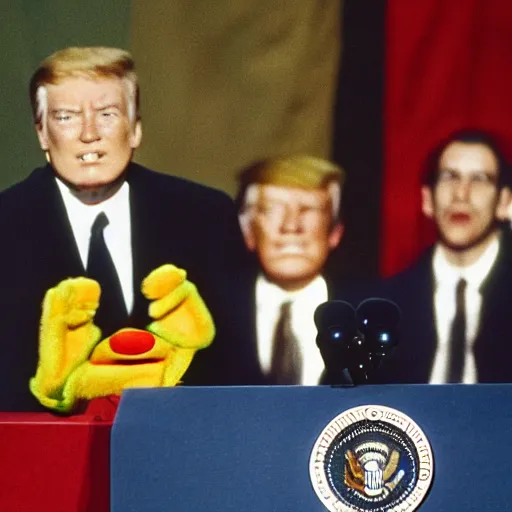 Prompt: a muppet giving presidential inauguration speech, at podium, realism, stunning photo - quality, movie - quality,