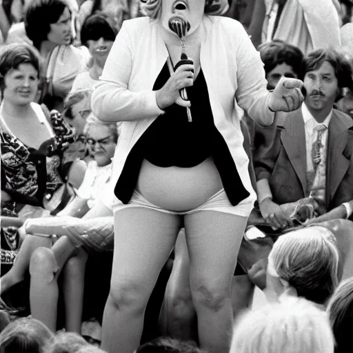 Prompt: the portly, obnoxious French comedienne, Tippi Pupu entertaining the crowd, Cannes, 1977, highly detailed photograph, 35mm lens