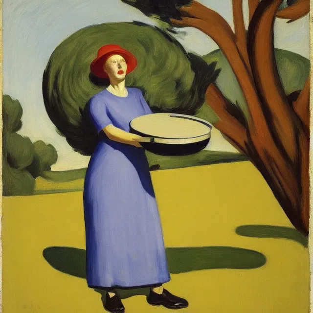 Prompt: a lady dressed in black standing with a very large frying pan in her hand, surrounded by olive trees, front view edward hopper