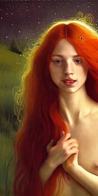 Image similar to infp young woman, smiling amazed, golden fireflies lights, amidst of nature fully covered, long red hair, intricate linework, accurate green eyes, small nose with freckles, oval shape face, realistic, expressive emotions, dramatic lights mystical scene, hyper realistic ultrafine art by artemisia gentileschi, caravaggio, jessica rossier, boris vallejo