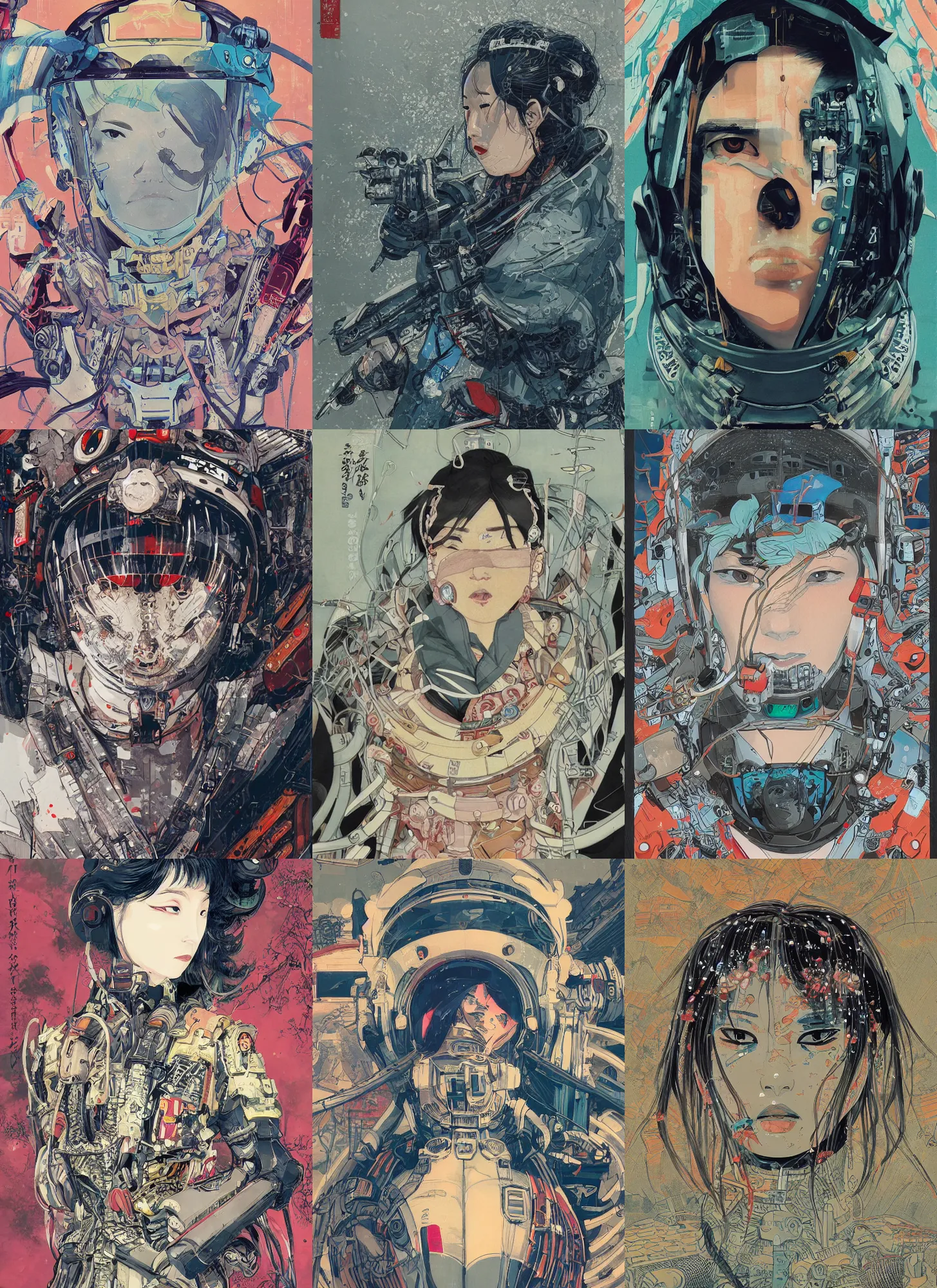 Prompt: a beautiful ukiyoe painting of cyberpunk battle space pilot, lee jin - eun wearing space techwear, detailed symmetrical close up portrait, intricate complexity, concept art, by wlop, conrad roset, james jean, cinematic dramatic atmosphere, sharp focus