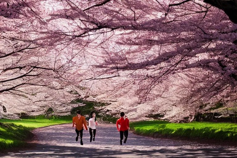 Image similar to vfx movie scene closeup japanese couple running through cherry blossom forest, natural lighting by emmanuel lubezki