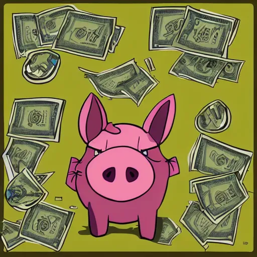 Prompt: a muddy pig rolling in a pile of money, cartoon art style,