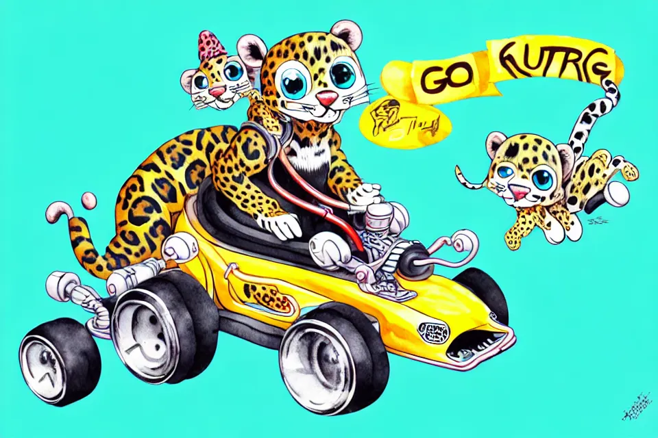 Image similar to cute and funny, baby leopard riding in a tiny go kart with oversized engine, ratfink style by ed roth, centered award winning watercolor pen illustration, isometric illustration by chihiro iwasaki, edited by range murata, tiny details by artgerm and watercolor girl, symmetrically isometrically centered