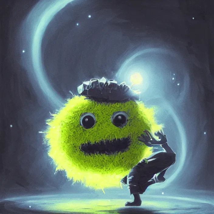 Image similar to cinematic portrait of a cute tennis ball monster in the abyss of space, chalk, masterpiece, trending on artstation, featured on pixiv, cinematic composition, dramatic pose, beautiful lighting, sharp details, hyper-detailed, HD, HDR, 4K, 8K, art by Basil Gogos