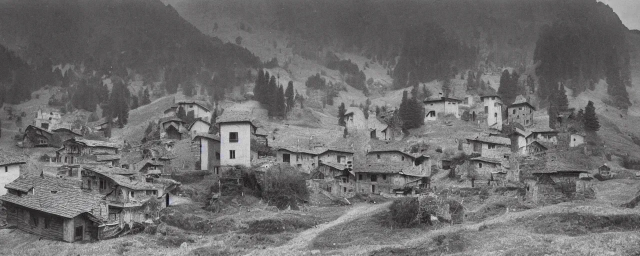 Image similar to 1920s photography of an isolated old village with ghostly wood buildings in the dolomites inhabitated by hay ghosts