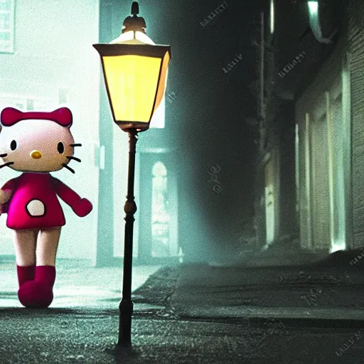 Image similar to film still of a human sized hello kitty with a knife standing on an empty street beneath a lamp, grainy, horror movie, creepy, eerie, dark, great cinematography, amazing lighting, directed by scott derrickson and sam raimi and fede alvarez