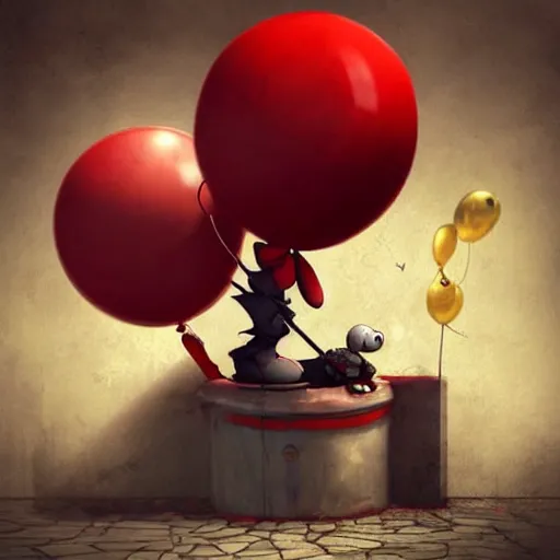 Image similar to grunge cartoon painting of a cartoon bunny and a red balloon by - michal karcz, loony toons style, pennywise style, horror theme, detailed, elegant, intricate