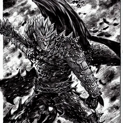 Prompt: guts from berserker fighting a dragon, epic, manga illustration