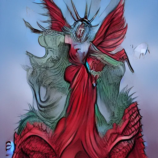 Image similar to lady gaga dressed as Lady Liberty sitting on top of a red dragon, illustration concept art in the style of Arthur Adams