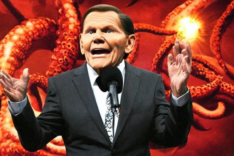 Image similar to kenneth copeland depicted as devil with tentacles instead of arms