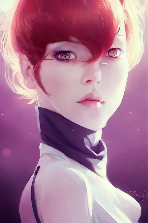 Image similar to beautiful pale vampire with auburn hair in a white turtleneck dress, on a super yacht, by guweiz and wlop and ilya kuvshinov and and moebius, artgerm, symmetrical eyes, aesthetic, gorgeous, stunning, alluring, attractive, half body portrait, artstation, deviantart, pinterest, digital art