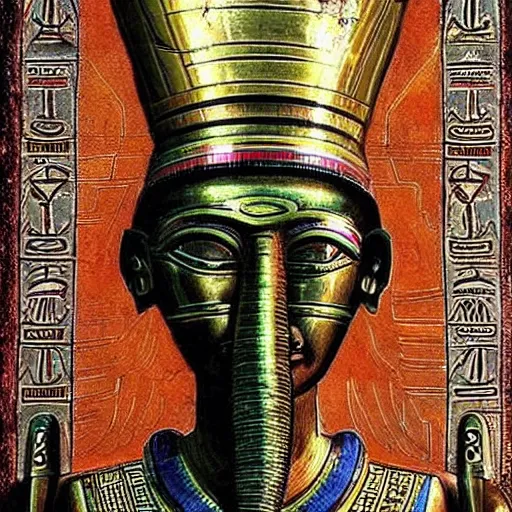 Image similar to the annunaki have returned to egypt wearing space suits that look like egyptian pharoah head - dresses and breathing hoses that look like elephant trunks - alien - looking, cyborg, detailed, photo - realism