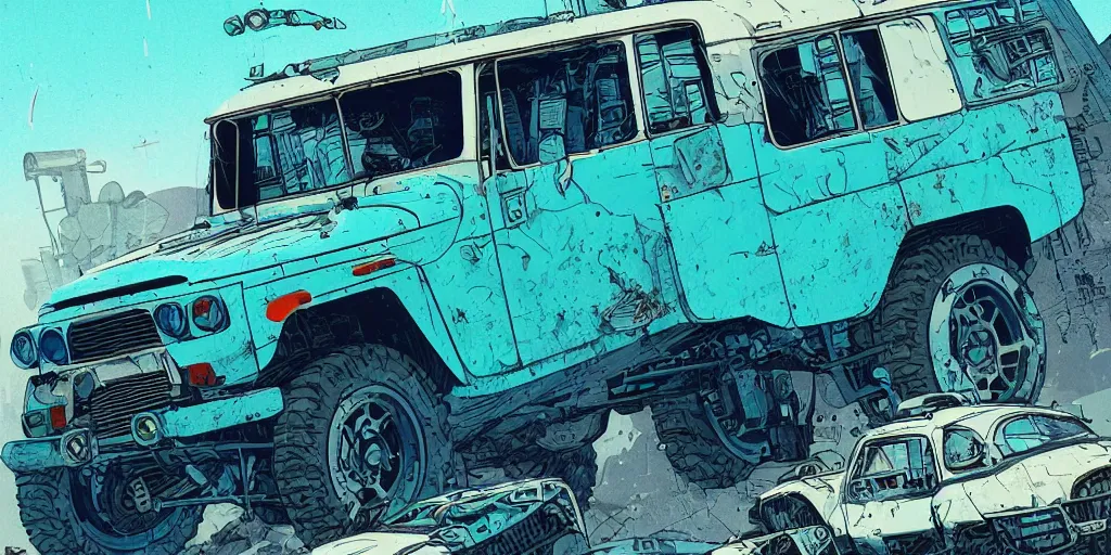 Image similar to digital illustration of a futuristic faded cyan mad max's fj 4 0 decrepit!!!! pursuit special, rusty!!! cyberpunk nissan fj cruiser heavily modded 1 9 9 0 s, the last v 8 interceptor by makoto shinkai, ilya kuvshinov, lois van baarle, rossdraws, basquiat