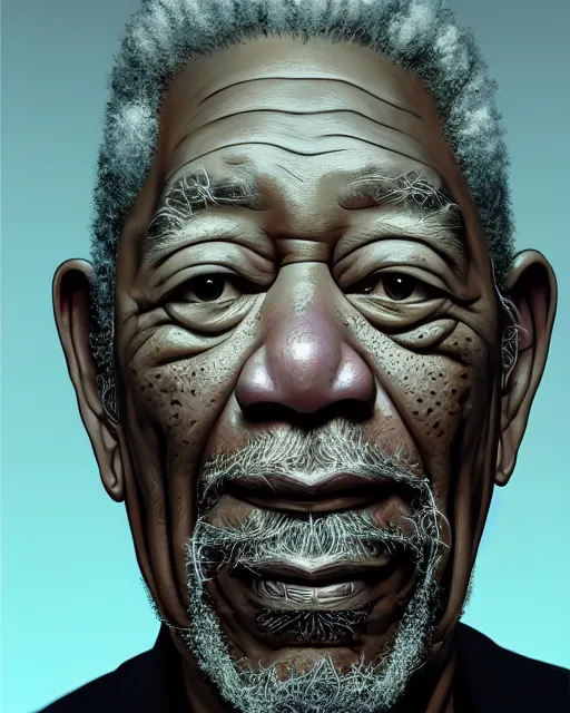 Image similar to portrait of Morgan Freeman as a cyborg. intricate abstract. intricate artwork. by Tooth Wu, wlop, beeple, dan mumford. octane render, trending on artstation, greg rutkowski very coherent symmetrical artwork. cinematic, hyper realism, high detail, octane render, 8k, iridescent accents