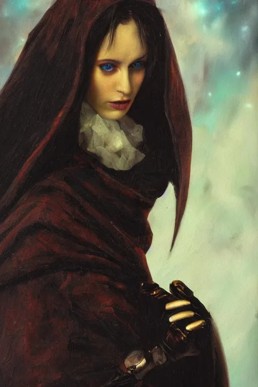 Image similar to hyperrealism oil painting, close - up portrait of european medieval brunette vampire fashion model, knight, steel gradient mixed with nebula sky, in style of baroque