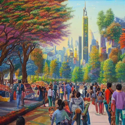 Prompt: people enjoying a beautiful city of the future in harmony with nature. Beautiful detailed painting by Lurid. (2022)