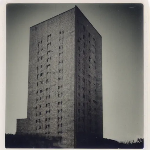 Prompt: polaroid shot of a strange brutalist building