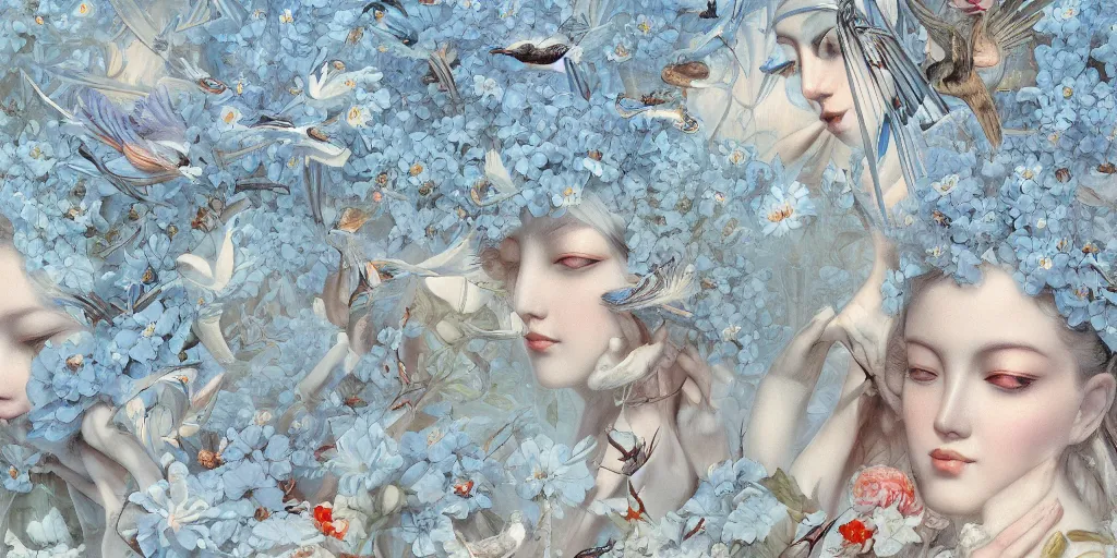 Image similar to breathtaking detailed concept art painting art deco pattern of faces goddesses amalmation light - blue flowers with anxious piercing eyes and blend of flowers and birds, by hsiao - ron cheng and john james audubon, bizarre compositions, exquisite detail, extremely moody lighting, 8 k