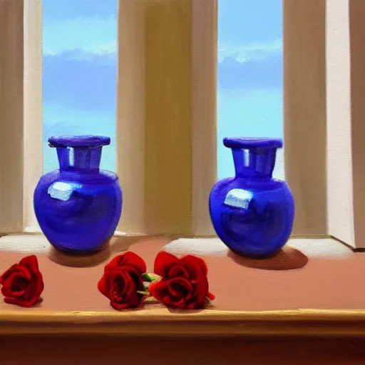 Image similar to A painting of a windowsill with two vases, one containing a red rose and the other containing a blue violet. The natural light from the window would be shining in on the scene. Trending on artstation