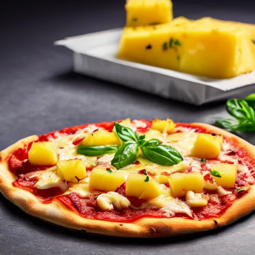 Image similar to pizza with pineapple toppings close up, 4 k, cinematic shot, photorealistic