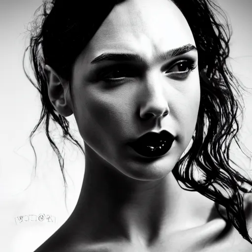 Image similar to gal gadot as a goth woman, eye piercings, close up shot, black hair on right half, white hair on left half, pale skin, sensual, beautiful soft light failling on her face, studio photography, nikon 3 5 mm portrait photography, ultra realistic