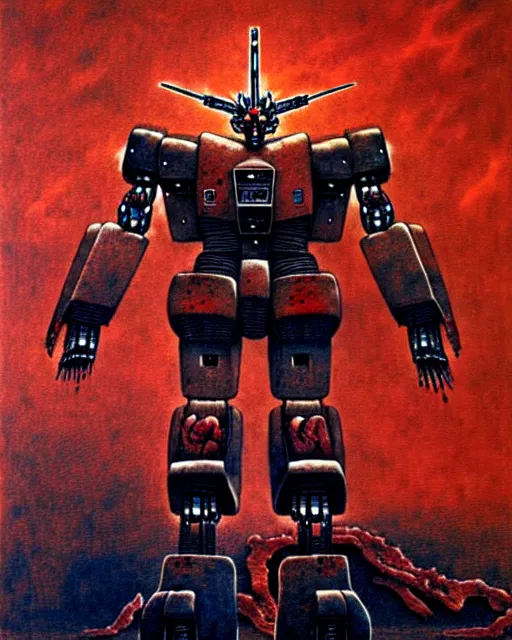 Image similar to bleeding gundam robot made of meat drawn by beksinski, high definition, lovecraftian