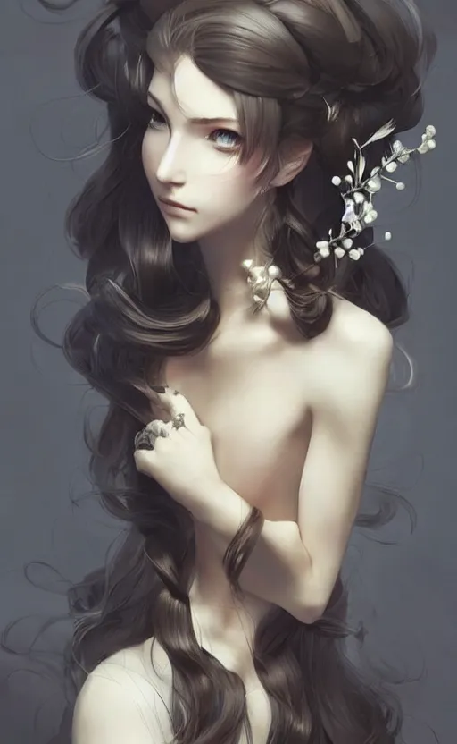 Image similar to beautiful long hairstyle with a lily and a few pearls, pinterest hair picture, back of the hair, hair is the focus, In style of Yoji Shinkawa, krenz cushart, Greg Rutkowski, highly detailed