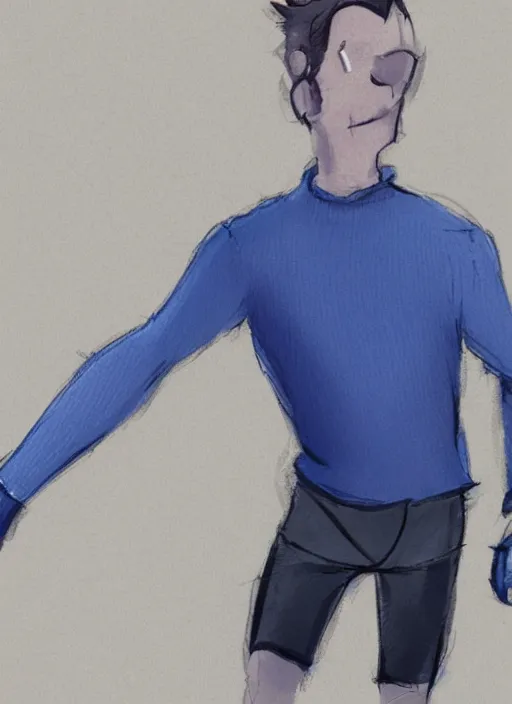 Image similar to a concept art of a man wearing a blue vest, navy blue sweater, black sports pants, fingerless gloves, and white running shoes