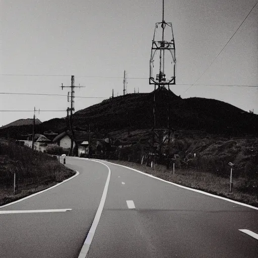 Prompt: a road next to warehouses, and a hill background with a radio tower on top, disposable camera effect