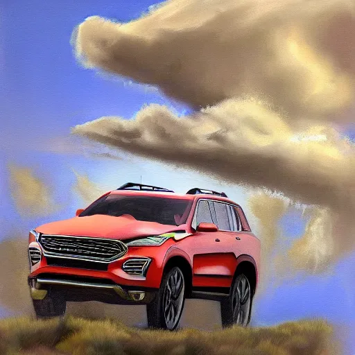 Image similar to realistic painting of a suv in the air