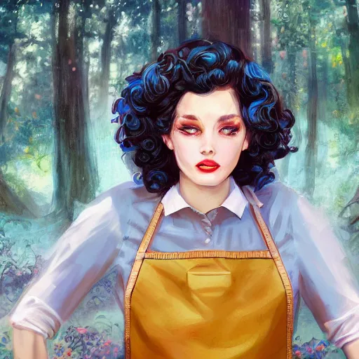 Image similar to a portrait of a 1 9 6 0 s woman with curly black hair and blue eyes, and an apron in the forest, dynamic lighting, fantasy concept art, trending on art station, stunning visuals, cinematic, ultra detailed