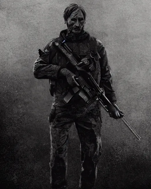 Prompt: mads mikkelson as clifford unger from death stranding wearing modern military fatigues, wielding assault rifle, weeping tears of black oil, mysterious eerie portrait, cinematic lighting, black background, digital painting photoshop, ultra detailed hdr 8 k