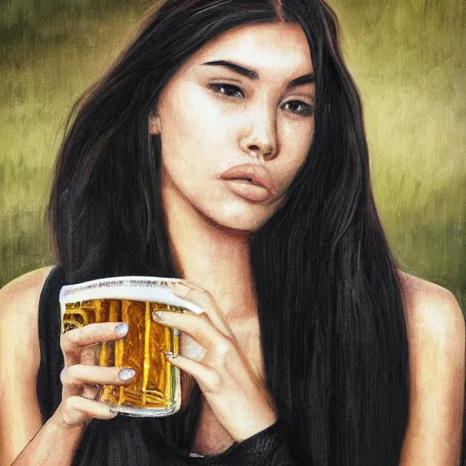 Image similar to 4k,ultra detailed portrait of Madison Beer drinking beer at the parking lot by Rachel Ruysch