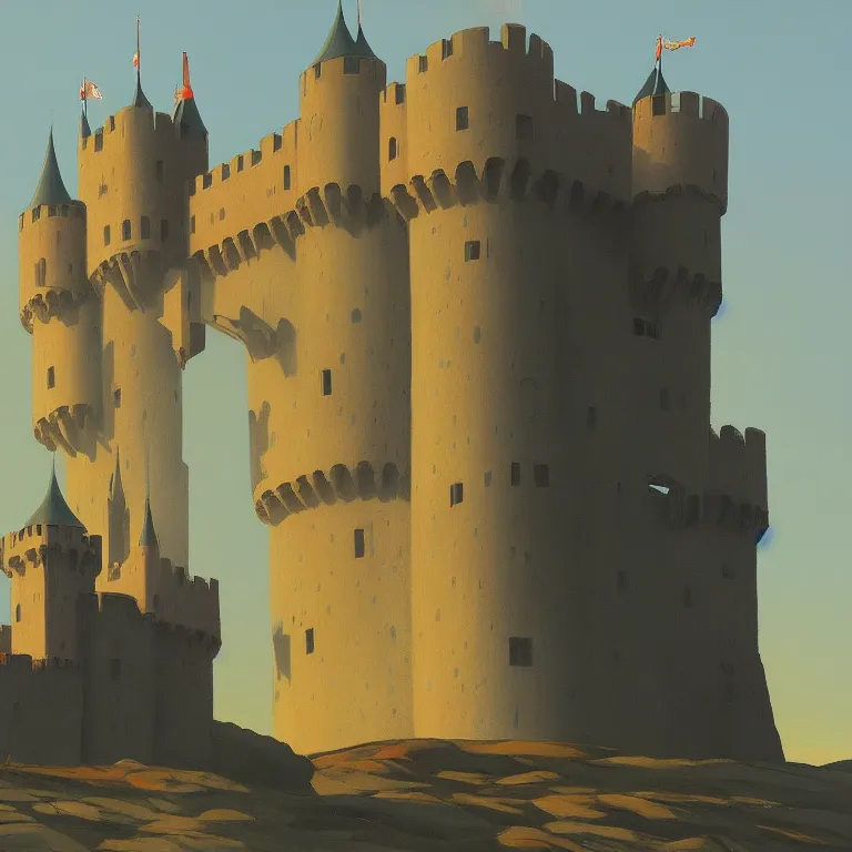 Image similar to large castle with towers by Wayne Barlow and catapults at dawn heading to the iceberg, highly detailed, painted by Edward Hopper, trending on artstation