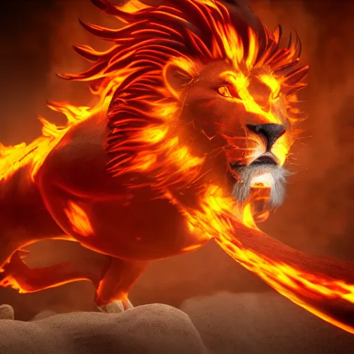 Image similar to fire lion, flaming, detail, unreal engine