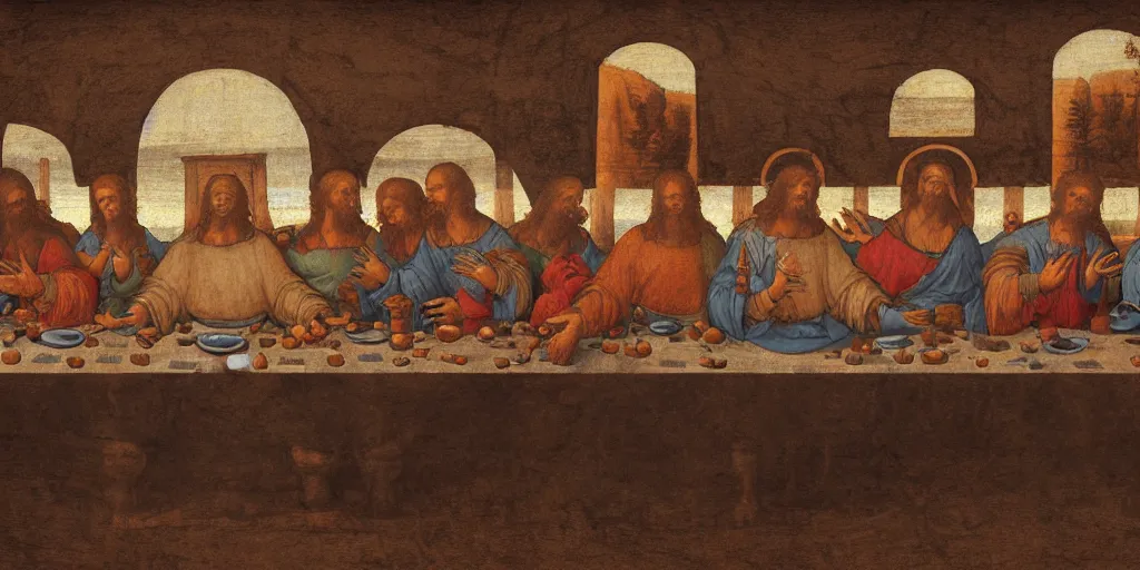 Image similar to the last supper of robots as apostles in leonardo da vinchi style. digital art, artstation, concept art, smooth, sharp focus, illustration, art by leonardo da vinci