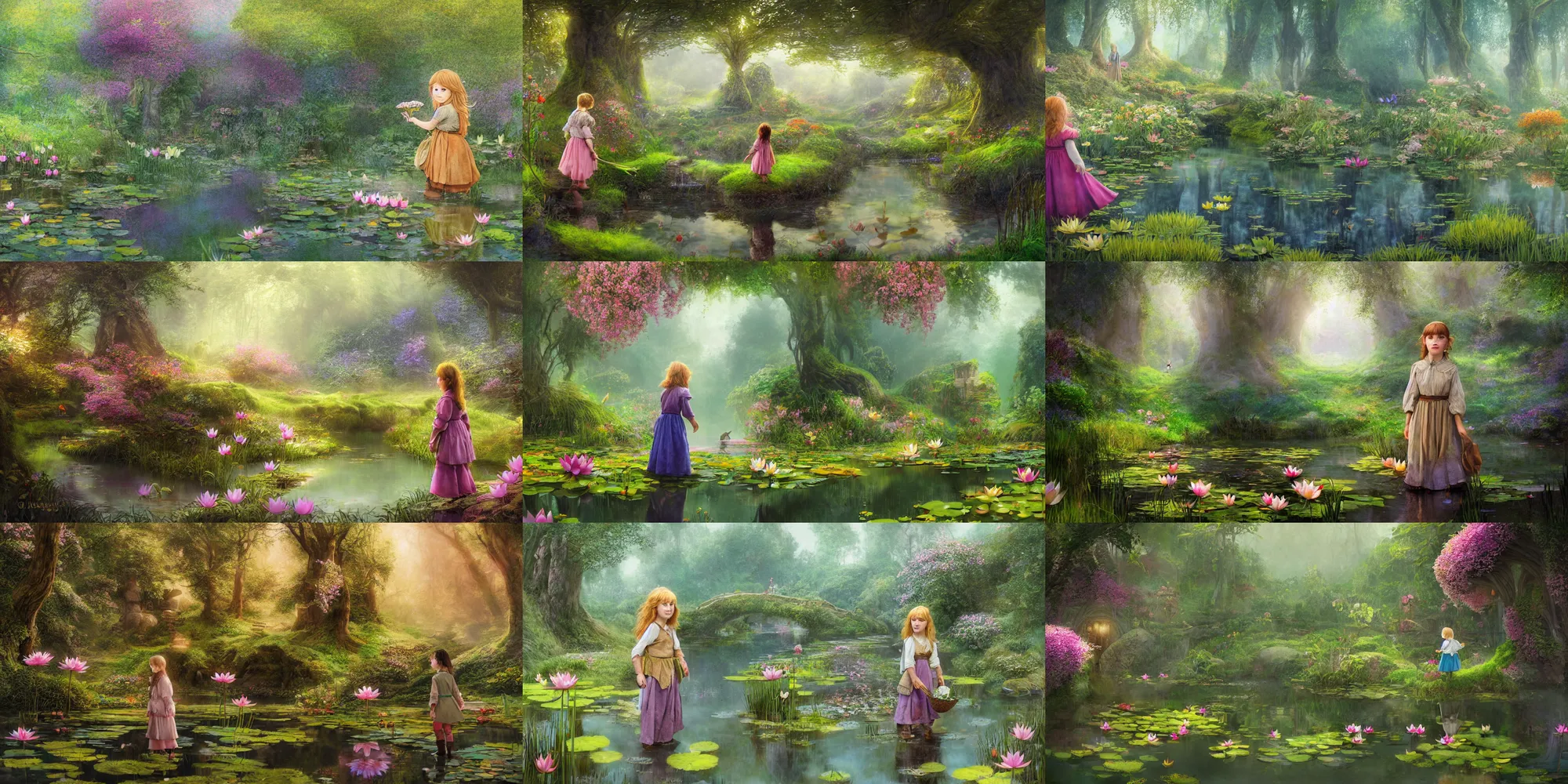 Prompt: a hobbit girl backlit carrying flowers near a mirror like pond, by alan lee, colorful clothing, springtime flowers and foliage in full bloom, lotus flowers on the water, dark foggy forest background, sunlight filtering through the trees, digital art, art station.